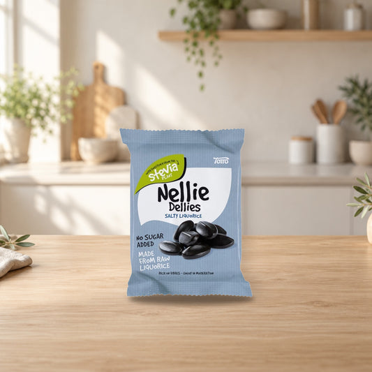 Nellie Dellies Salty Liquorice 90g Sugar Free Candy – product photo on a table