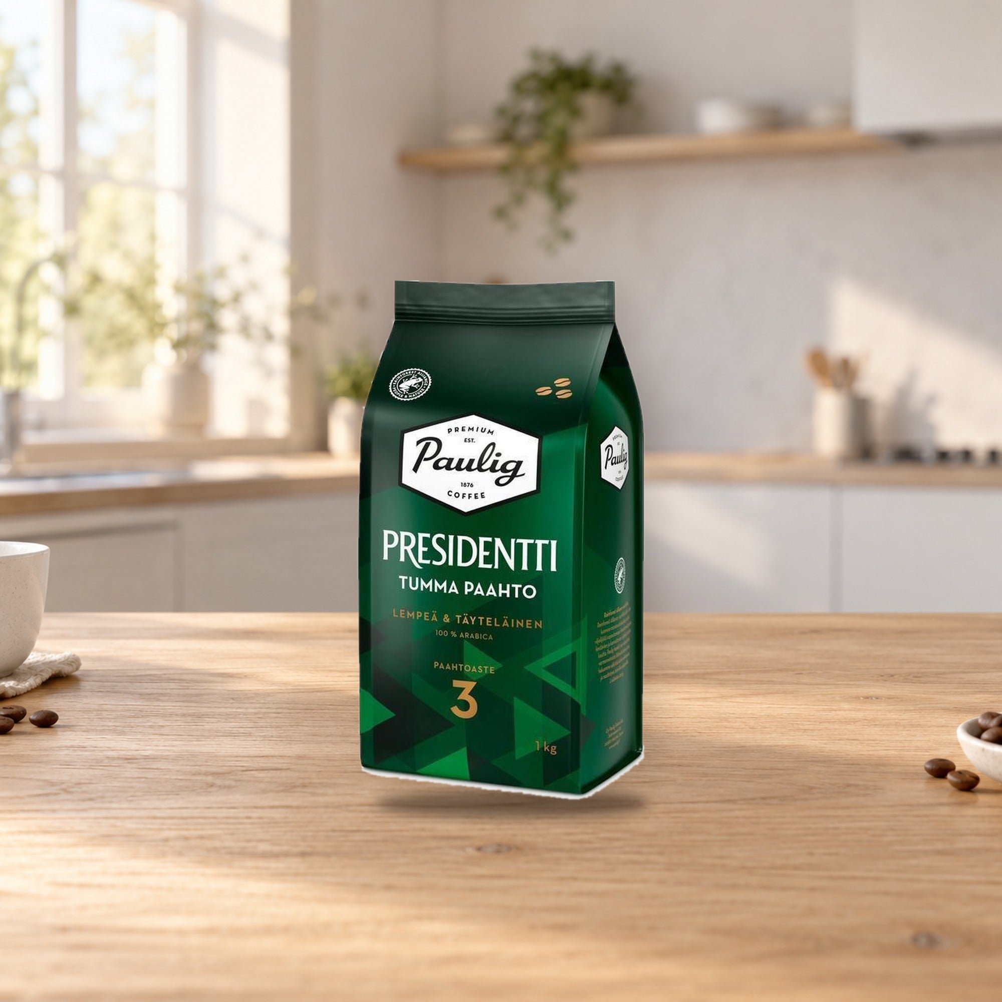 Paulig Presidentti Dark Roast Coffee Beans 1kg – product photo on a table