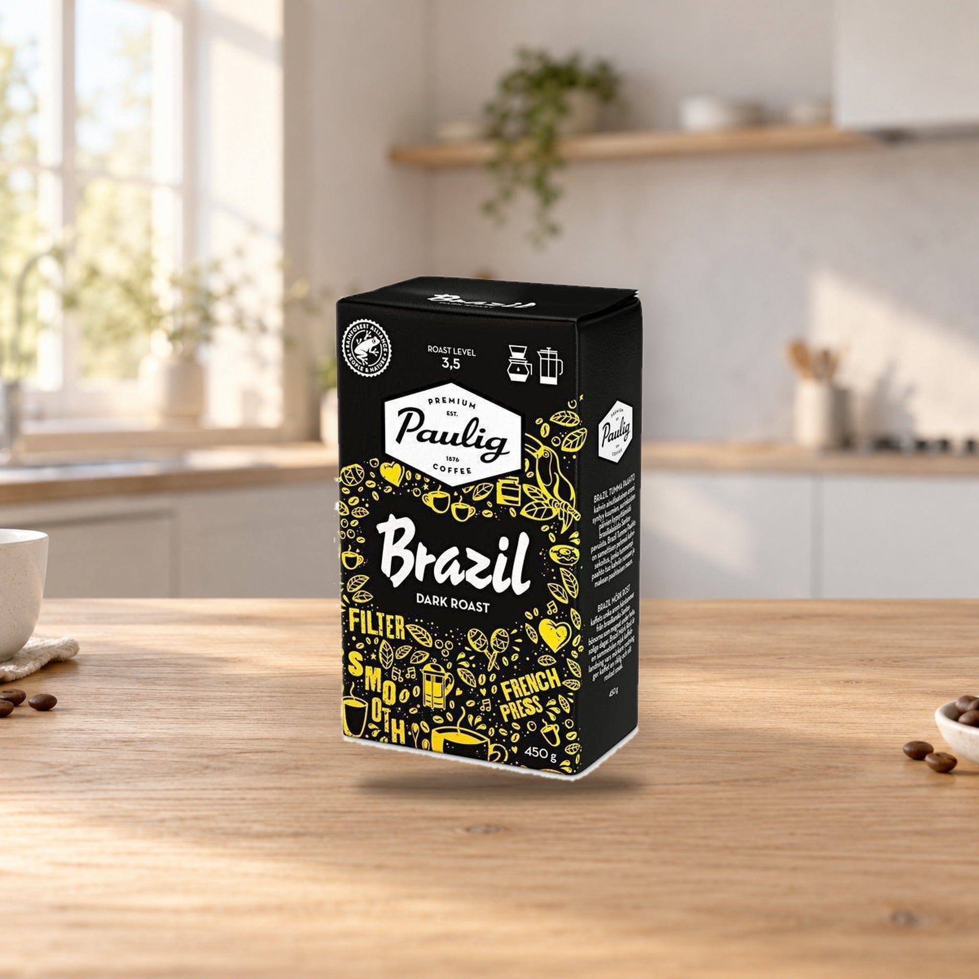 Paulig Brazil Dark Roast Coffee 450g – product photo on a table