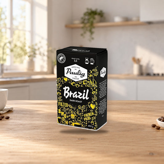 Paulig Brazil Dark Roast Coffee 450g – product photo on a table