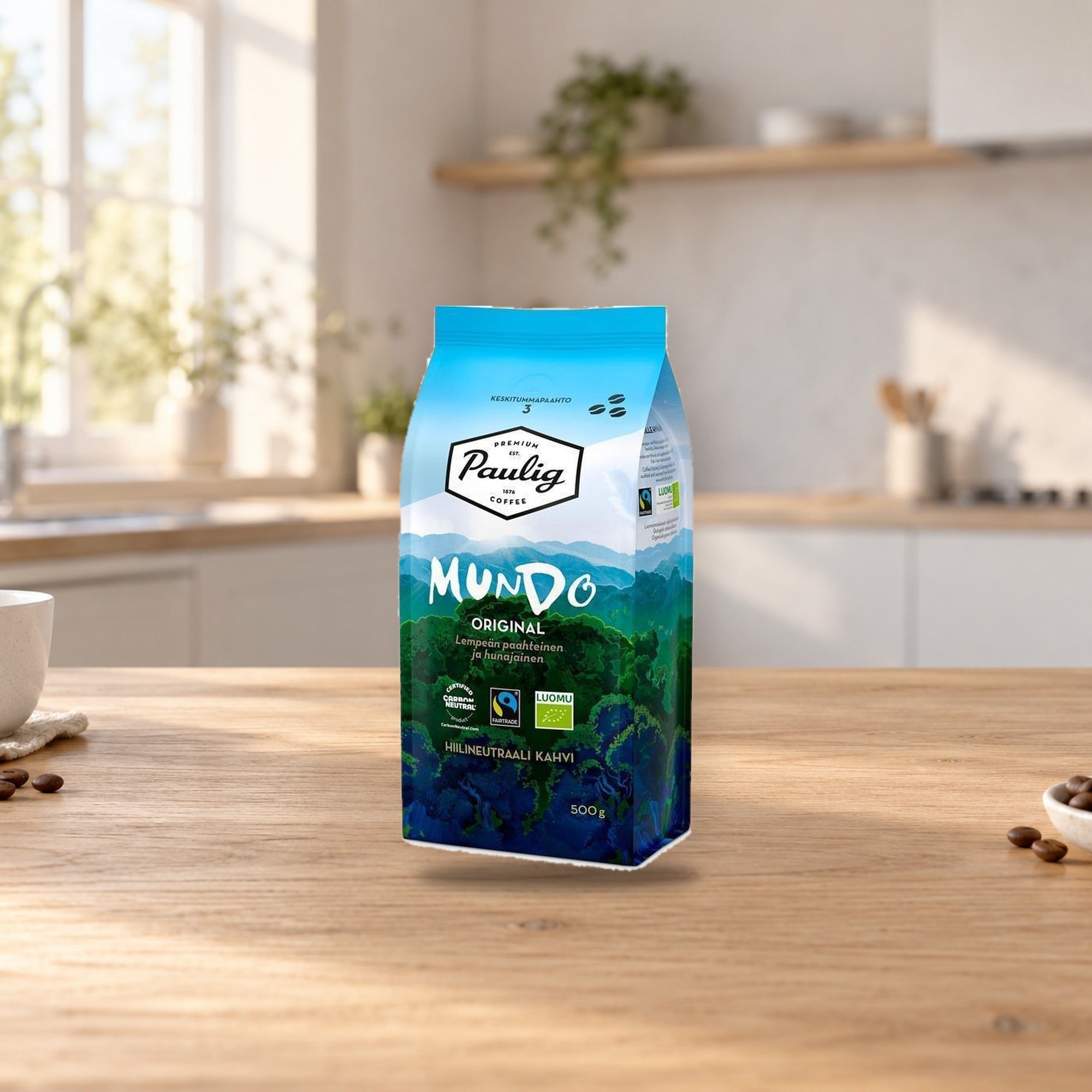 Paulig Mundo Organic Coffee Beans 500g – product photo on a table