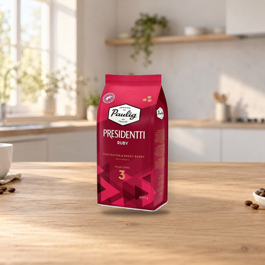 Paulig Presidentti Ruby Coffee Beans 400g – product photo on a table
