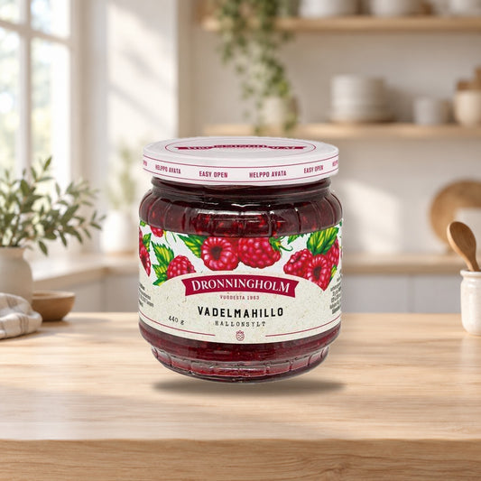 Dronningholm Raspberry Jam 440g – product photo on a table