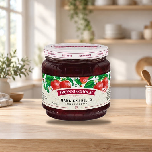 Dronningholm Strawberry Jam 440g – product photo on a table