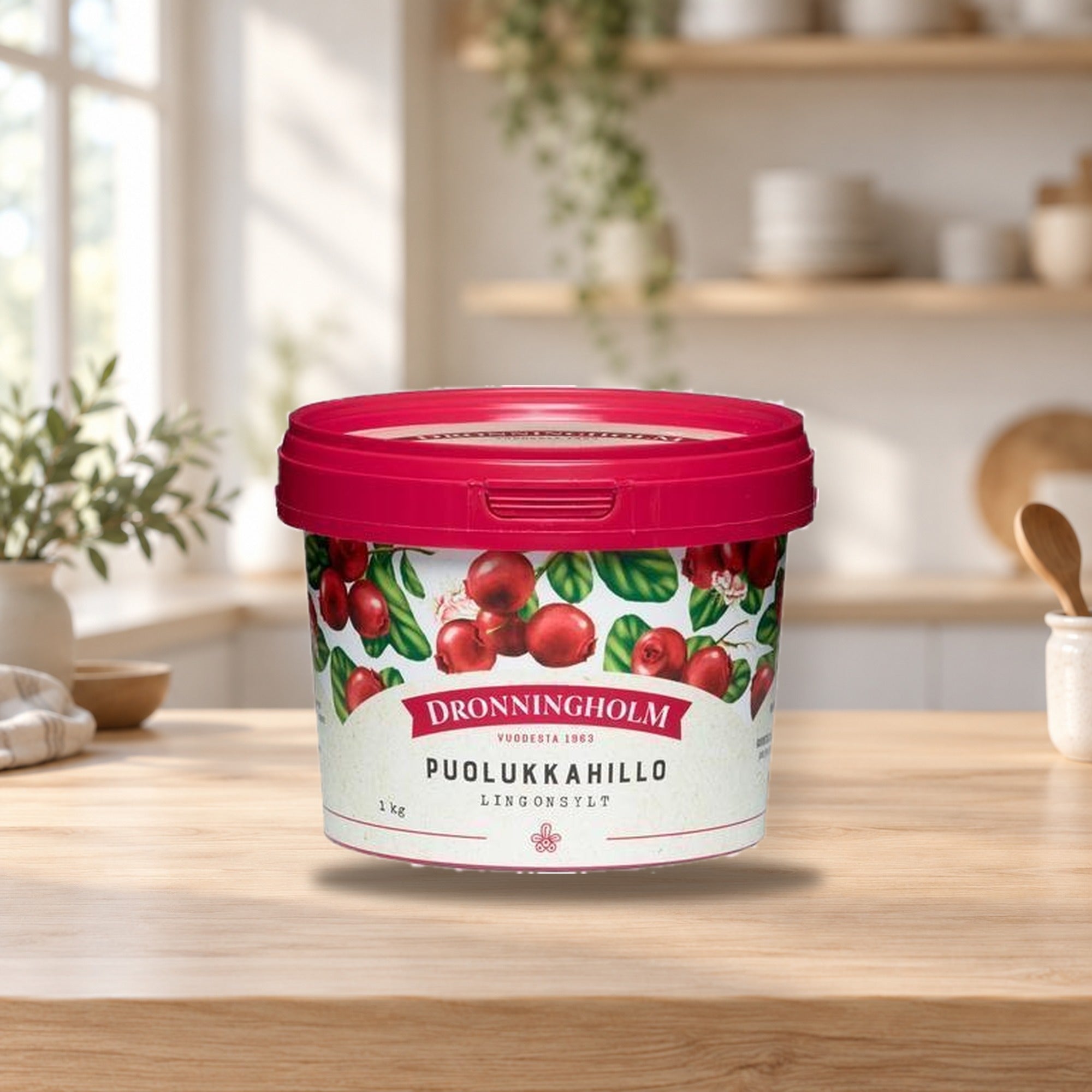 Dronningholm Lingonberry Jam 1kg – product photo on a table