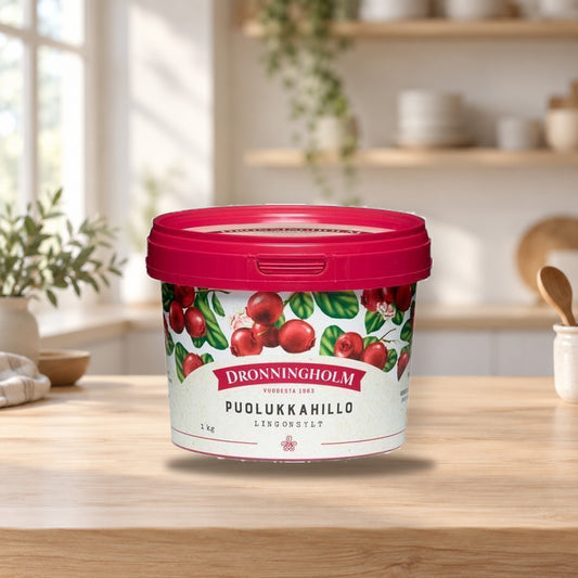 Dronningholm Lingonberry Jam 1kg – product photo on a table