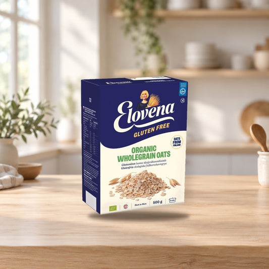 Elovena Gluten-Free Organic Whole Grain Oat Flakes 500g – product photo on a table
