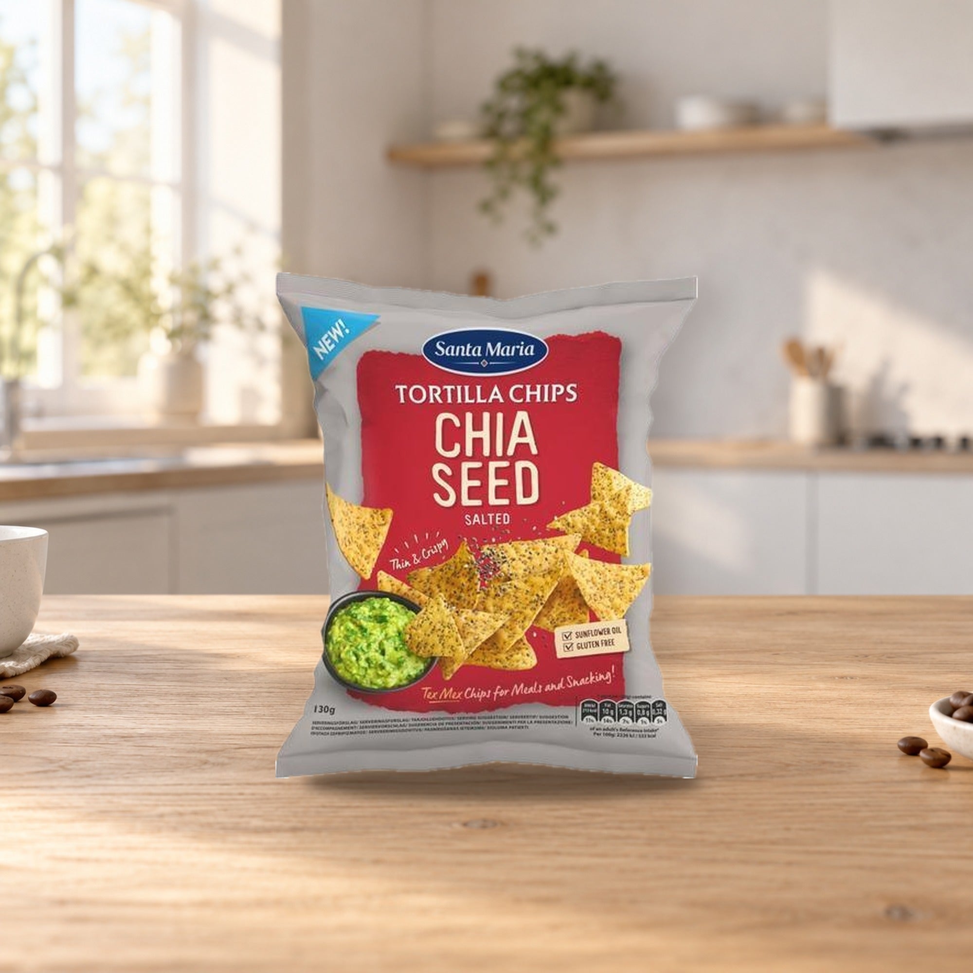 Santa Maria Tortilla Chips with Chia Seed 130G – product photo on a table