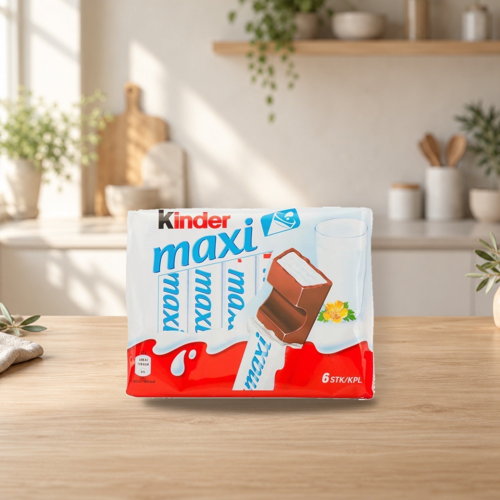 Kinder Maxi Milk Chocolate with Milk Filling 126g (6pcs) – product photo on a table