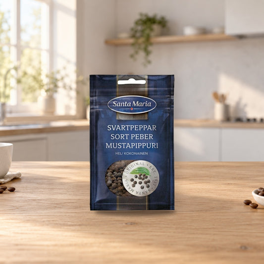 Santa Maria Whole Black Pepper 22g Bag – product photo on a table