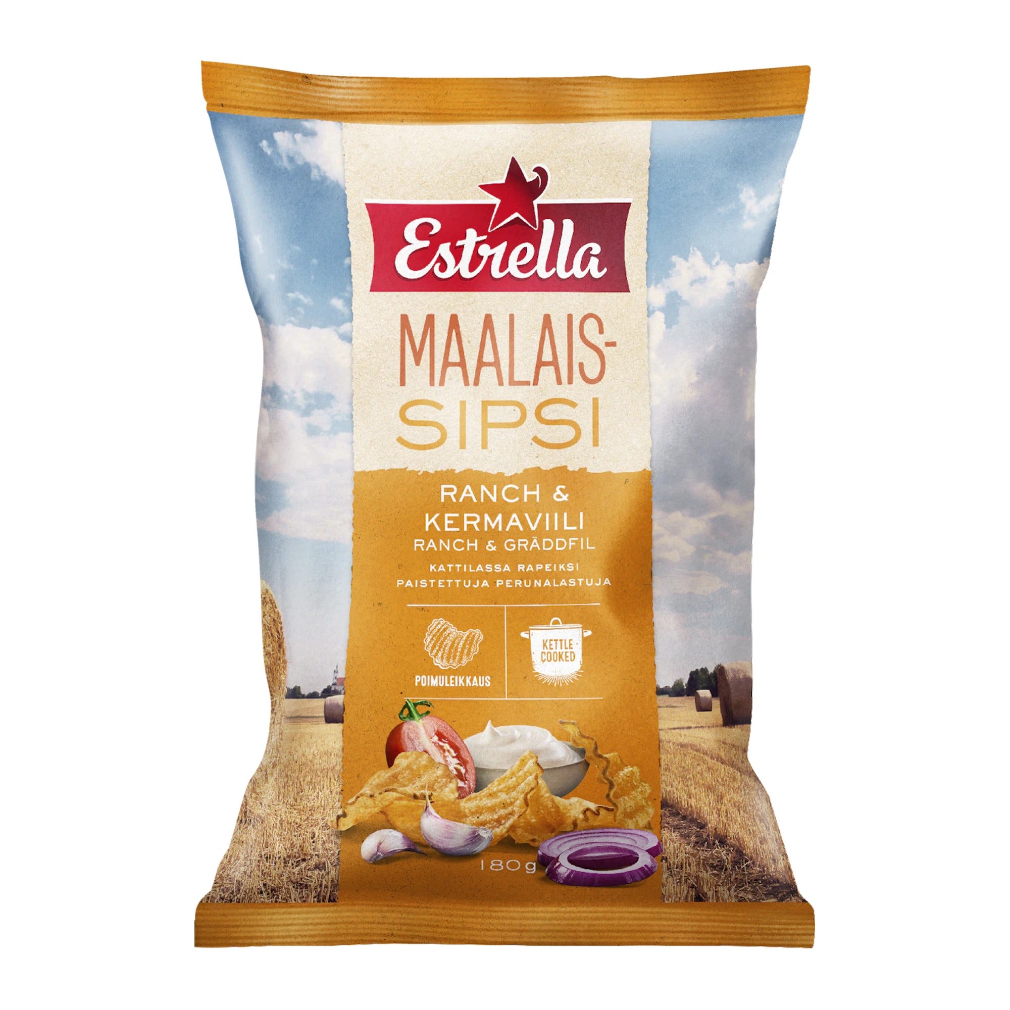 Estrella Maalaissipsi Ranch & Sour Cream Chips 180g – Finnish Kettle-Cooked Crinkle Chips – product photo