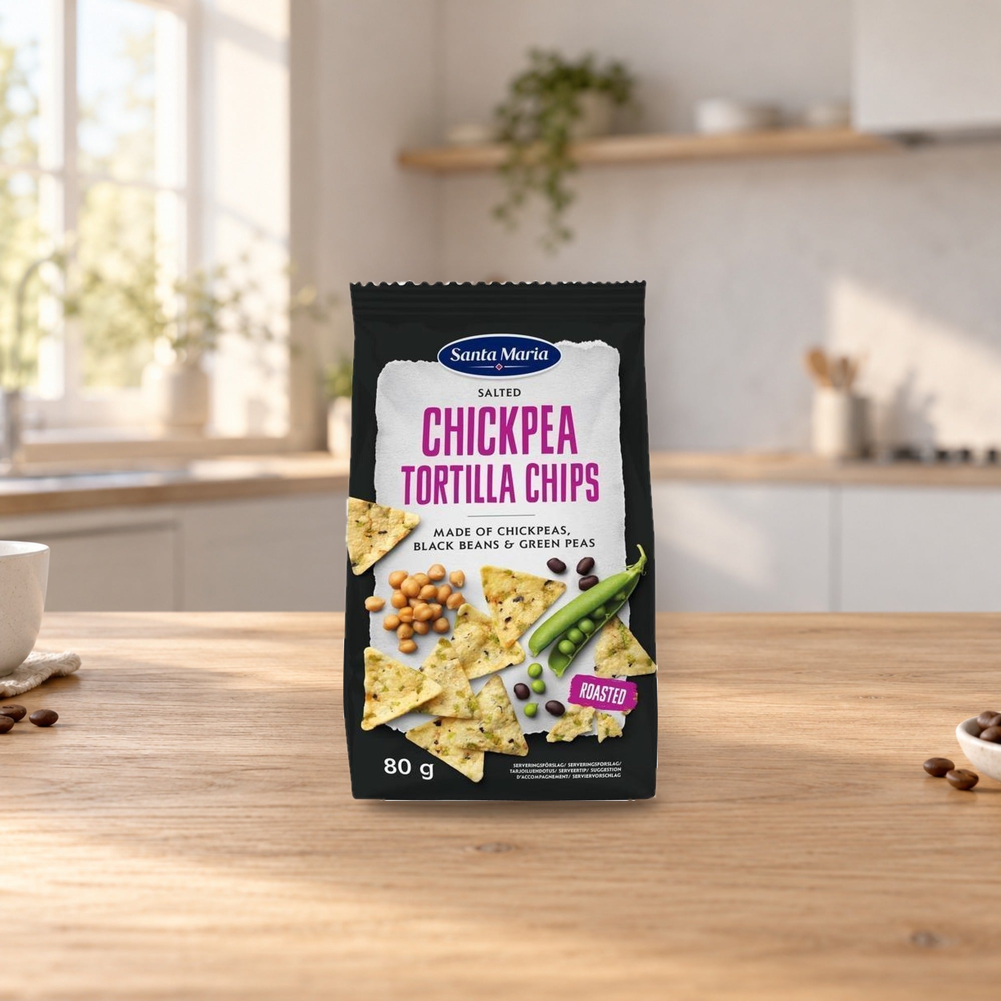 Chickpea Tortilla Chips 80G – product photo on a table