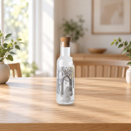 Moomin Forest Glass Bottle 1L – product photo on a table