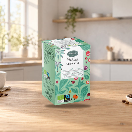 Nordqvist Green Organic Fair Trade Tea 30g Box – product photo on a table