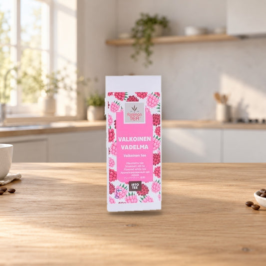 Forsman Tea White Raspberry Flavored White Tea 30g – product photo on a table