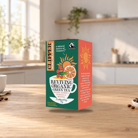 Clipper Organic Green Tea with Orange & Matcha – product photo on a table
