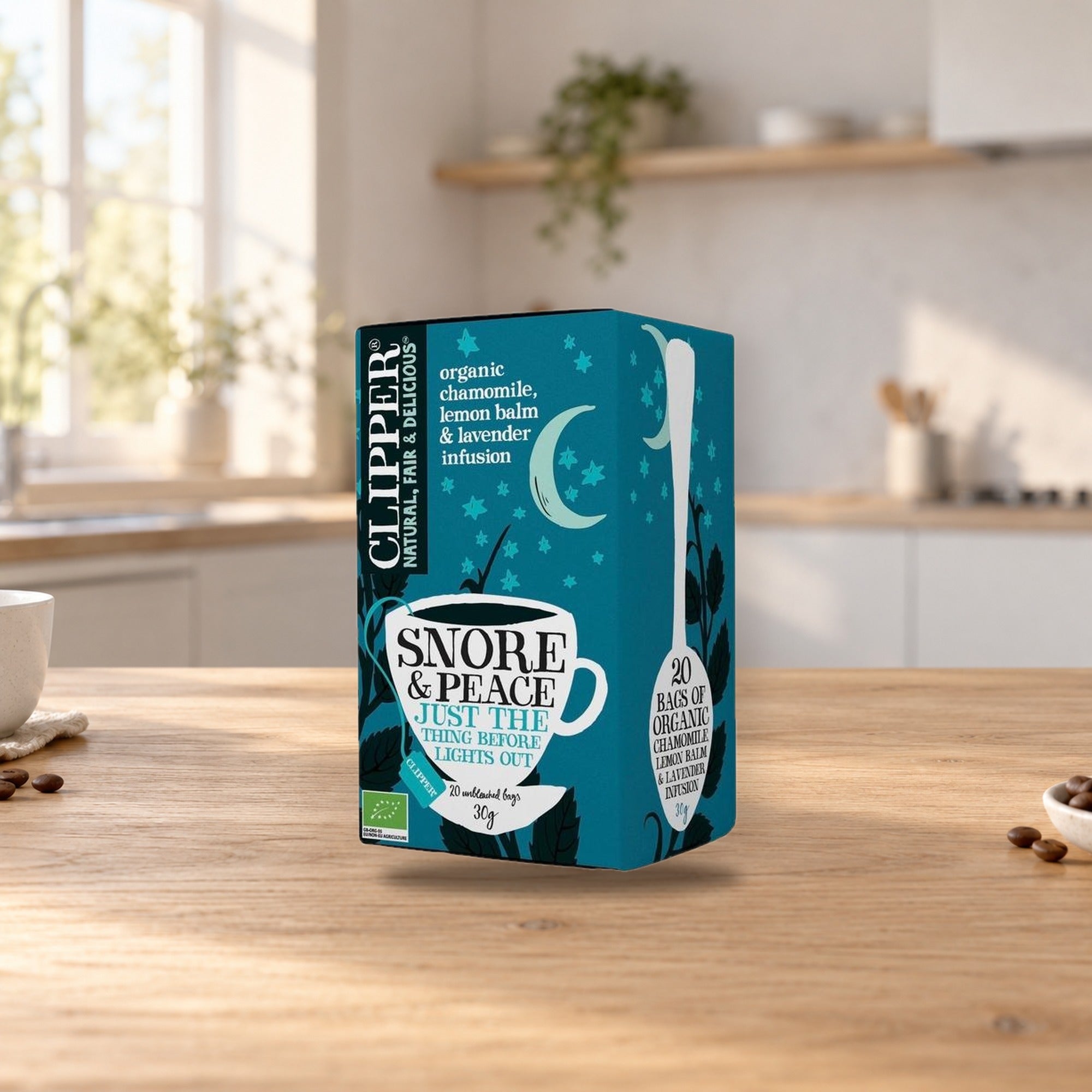 Clipper Snore & Peace Herbal Tea – product photo on a table