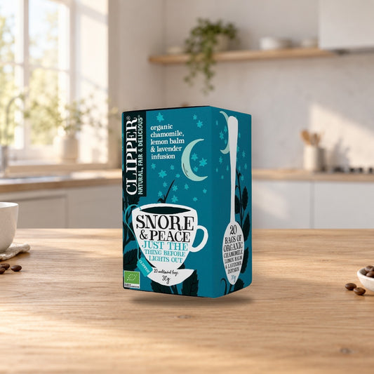 Clipper Snore & Peace Herbal Tea – product photo on a table
