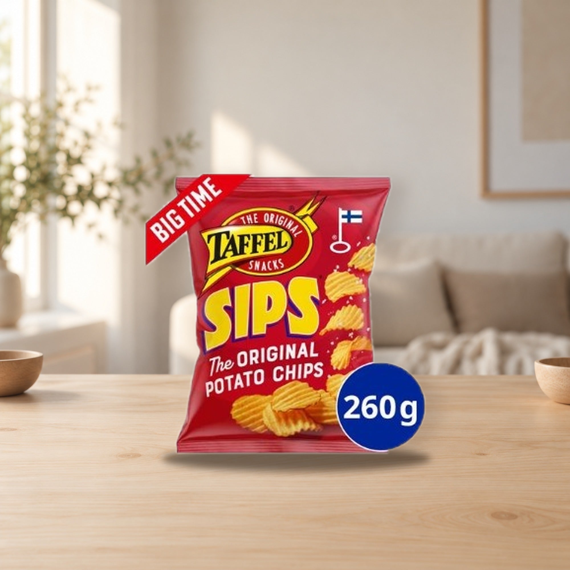 Taffel Sips Salted Chips 260g – product photo on a table
