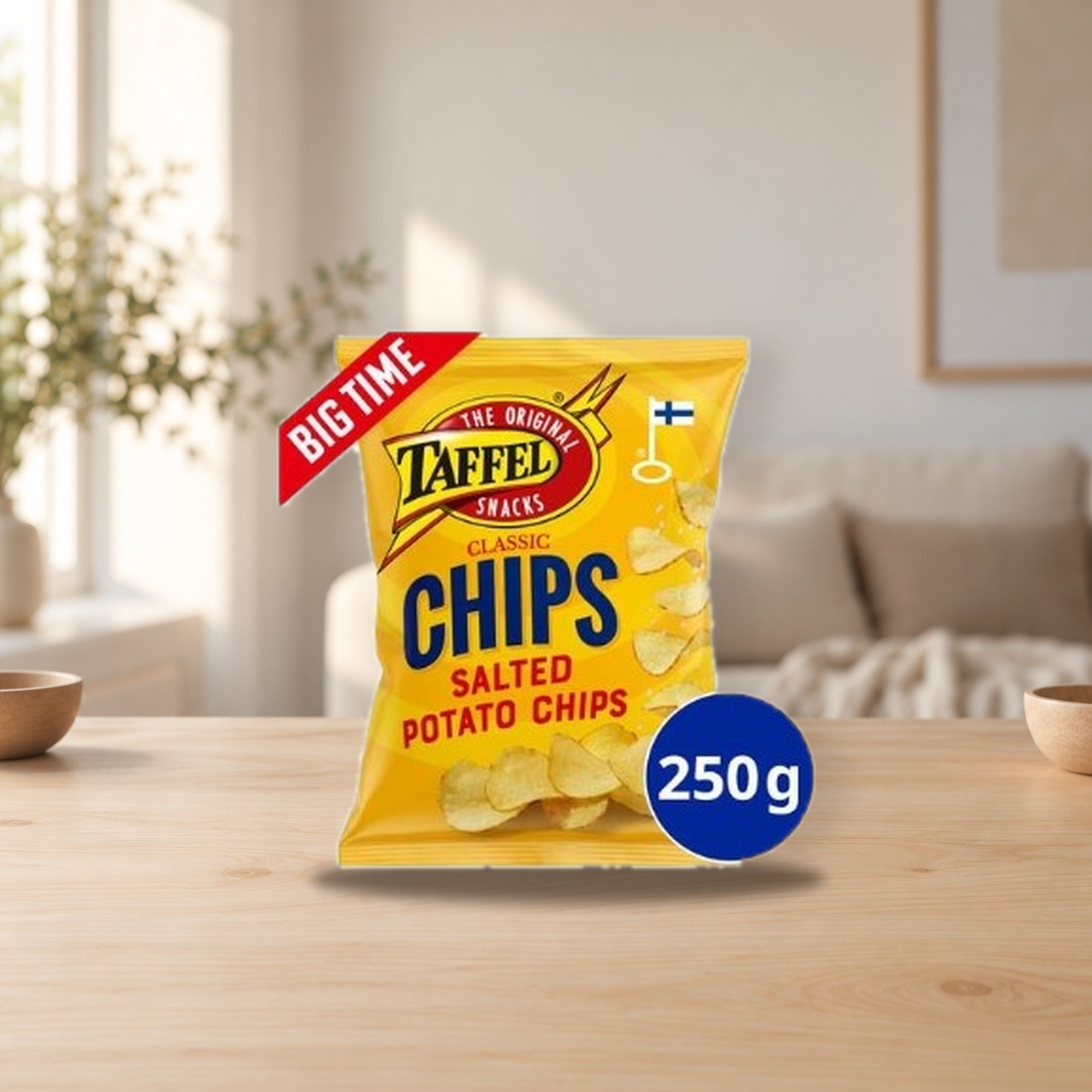 Taffel Chips Classic Salted 250g – product photo on a table