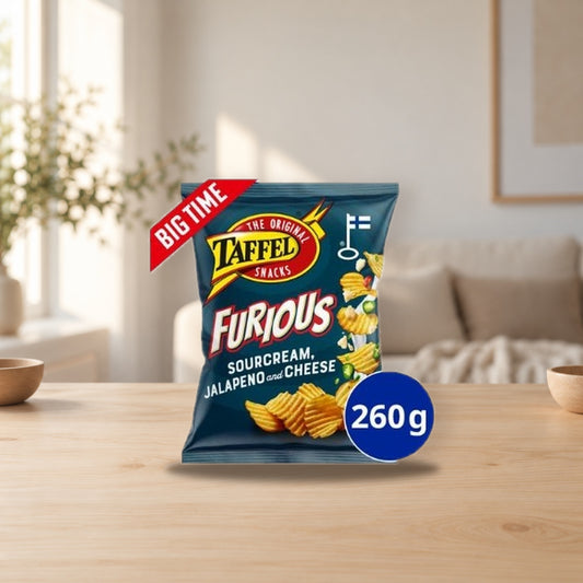 Taffel Furious Sour Cream Chili Jalapeno Cheese Chips 260g – product photo on a table