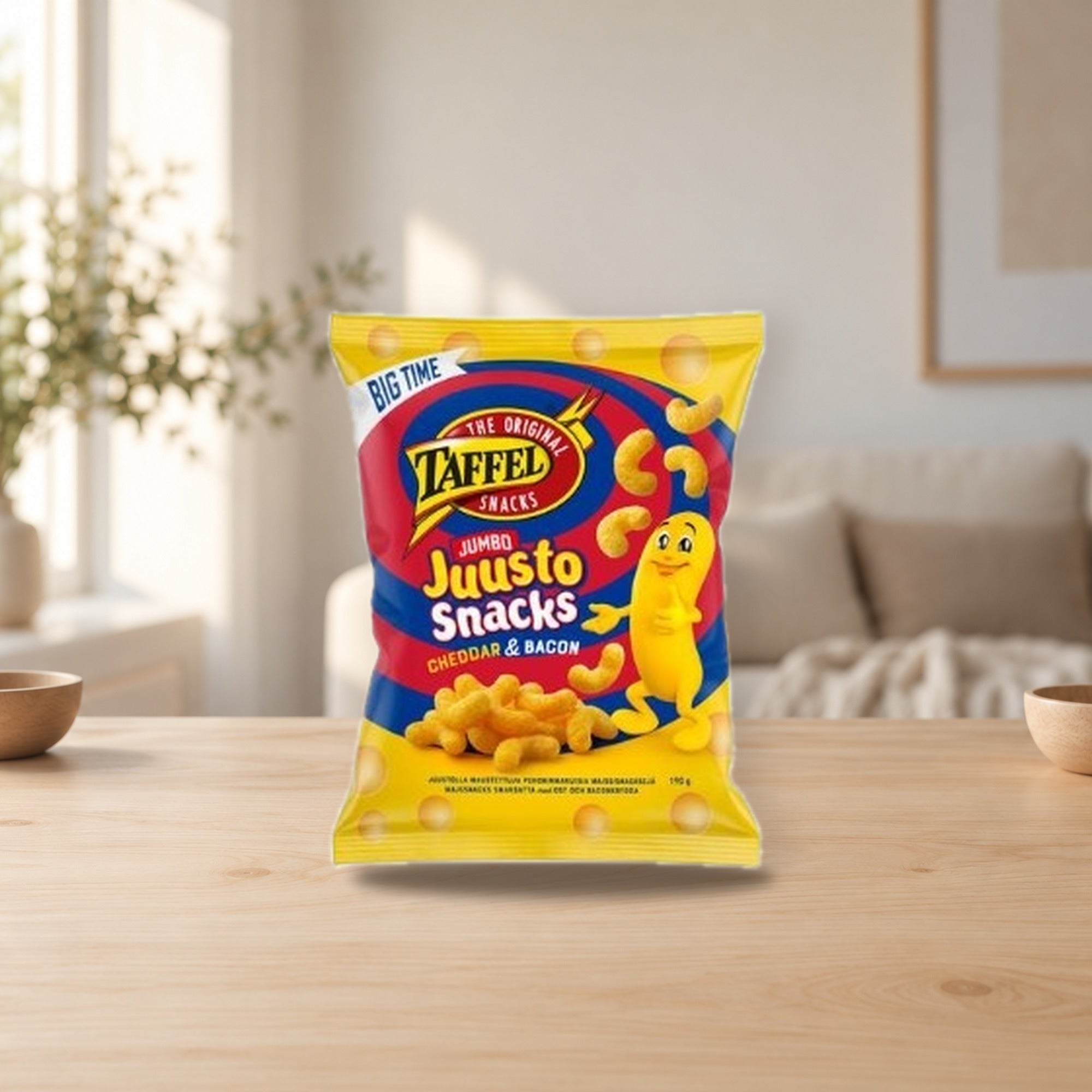 Taffel Jumbo Cheese Snacks Bacon & Cheddar 190g – product photo on a table