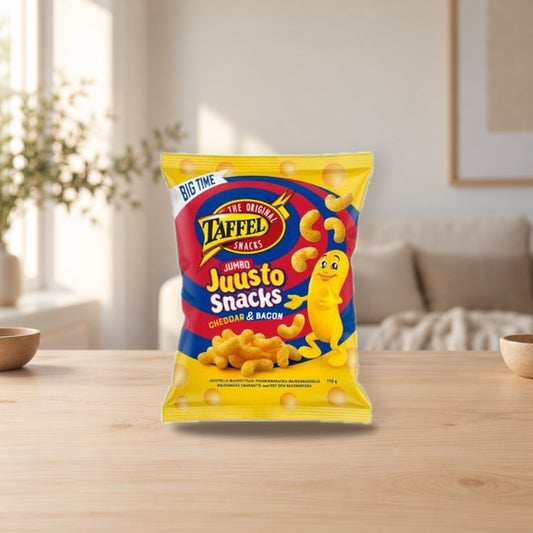 Taffel Jumbo Cheese Snacks Bacon & Cheddar 190g – product photo on a table