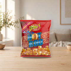 Taffel Hot Rod Chips 110g – product photo on a table