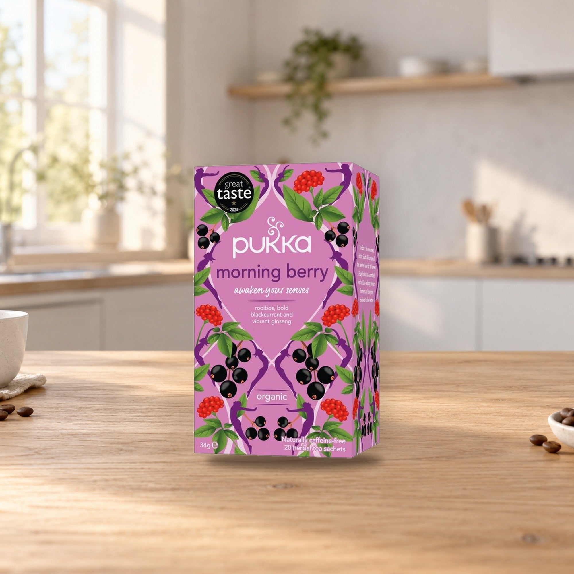 Pukka Herbal Berry Tea – product photo on a table
