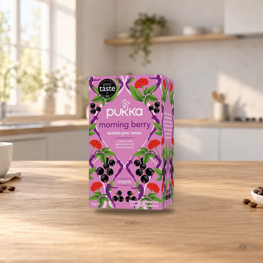 Pukka Herbal Berry Tea – product photo on a table