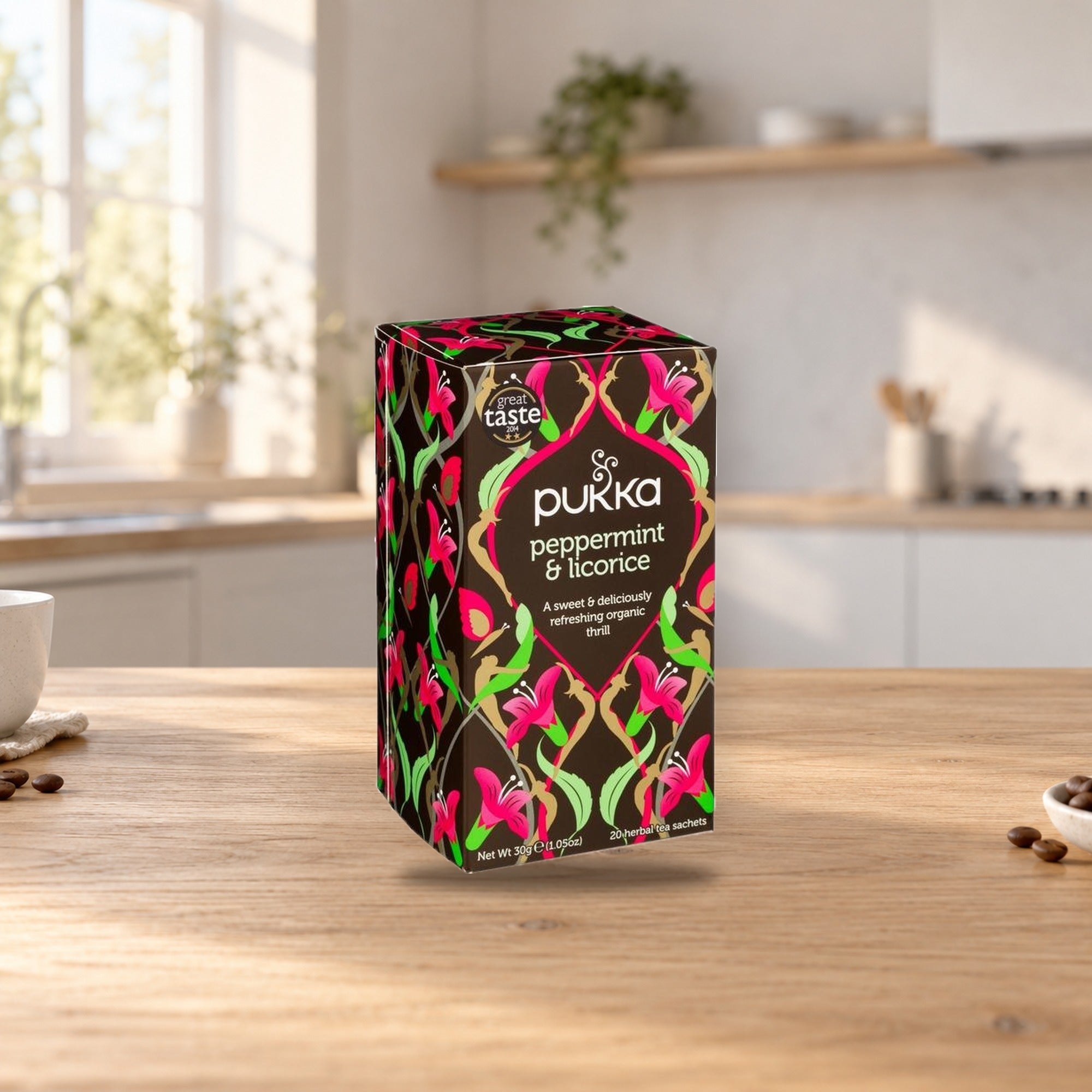 Pukka Herbal Tea Peppermint & Licorice 30g Box – product photo on a table