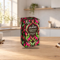 Pukka Herbal Tea Peppermint & Licorice 30g Box – product photo on a table