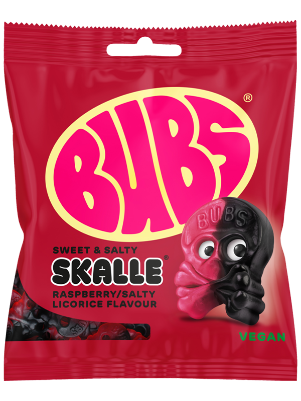 Bubs Sweet & Salty Skalle Raspberry Salty Licorice skull candy 155g bag