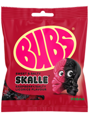 Bubs Sweet & Salty Skalle Raspberry Salty Licorice skull candy 155g bag