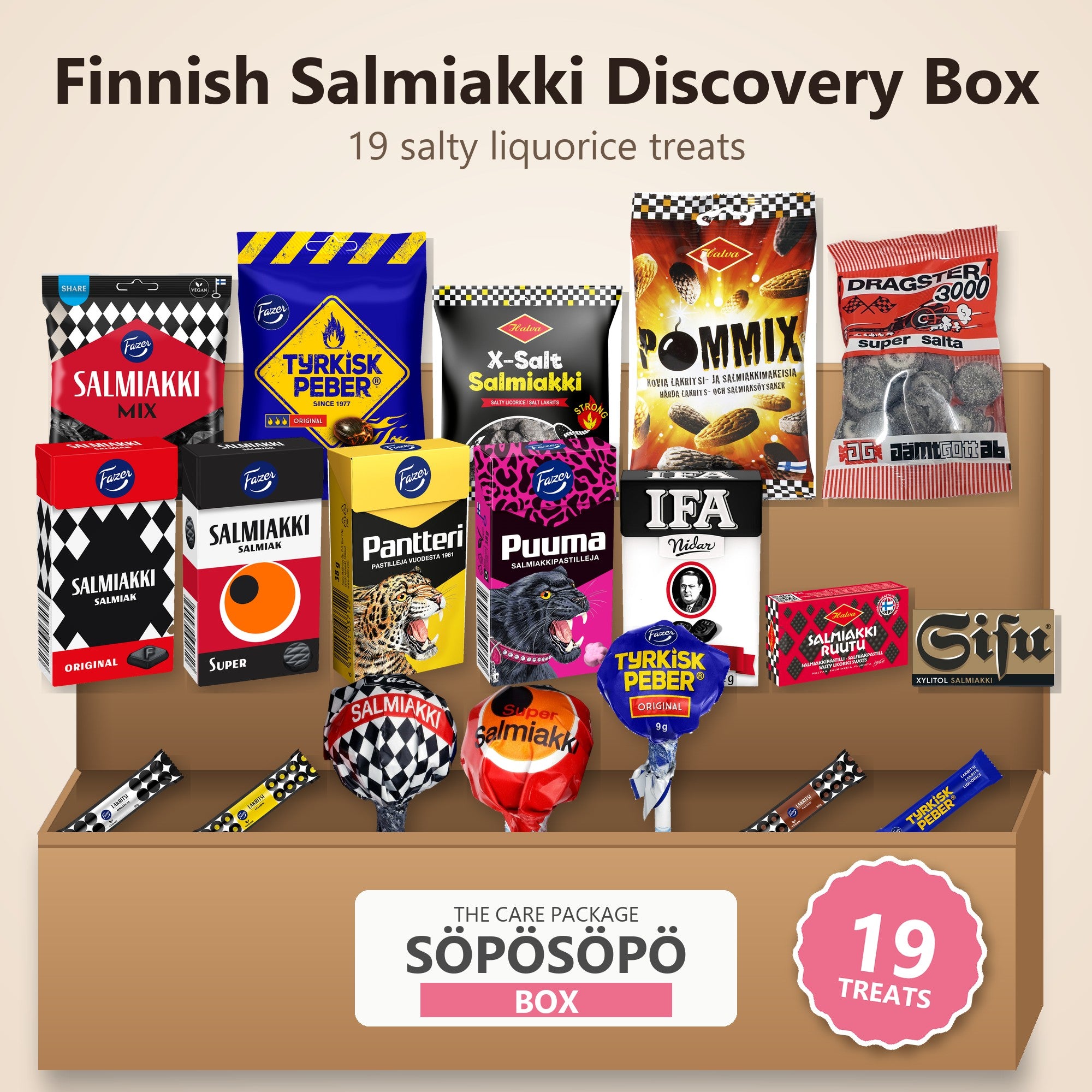 Finnish Salmiakki and Licorice set SÖPÖSÖPÖ BOX Variety 19 Pack - SÖPÖSÖPÖ gift set