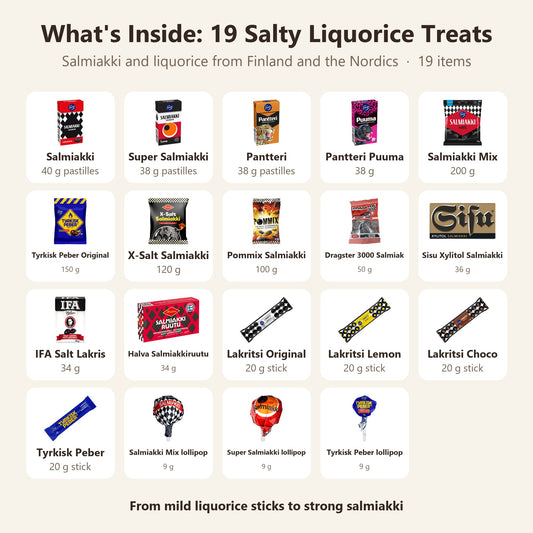 What's inside: Finnish Salmiakki and Licorice set SÖPÖSÖPÖ BOX Variety 19 Pack