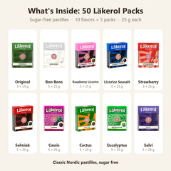 What's inside: Cloetta Läkerol Sugar Free Licorice Pastilles Mix Set 50 Pack