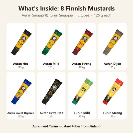 What's inside: Mustard Mix Set Auran Sinappi and Turun Sinappia 125g x 8 Tubes
