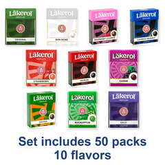 Läkerol sugar free pastilles set: 50 packs, 10 flavors - Original, Bon Bons, Raspberry Licorice, Licorice Seasalt, Strawberry, Salmiak, Cassis, Cactus, Eucalyptus, Salvi