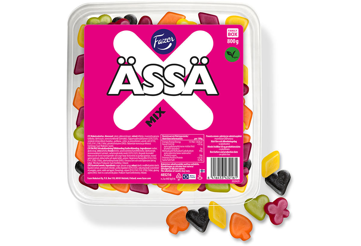 Fazer Assa Mix Gummy 800g Box - Fruit & Licorice Candy - Soposopo