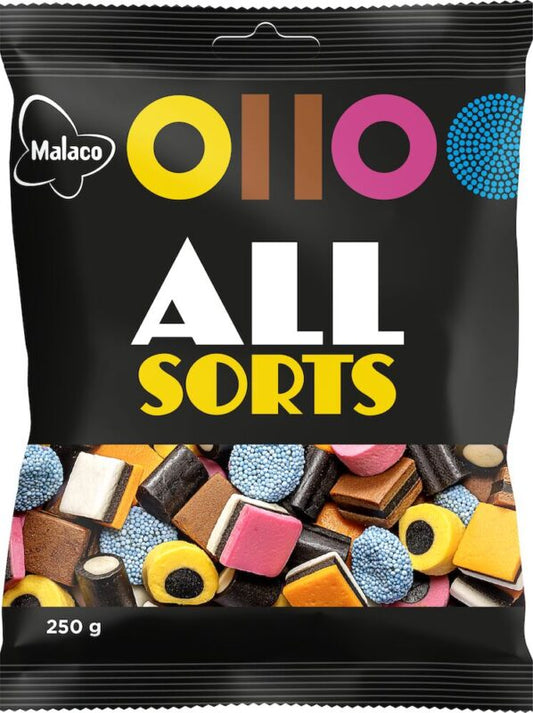Malaco AllSorts Original Liquorice 250g Pack - Soposopo