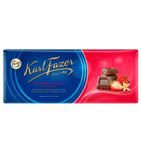 Fazer Karl Fazer Strawberry and vanilla in milk Chocolate 1 bar of 190g 6.7oz | Soposopo