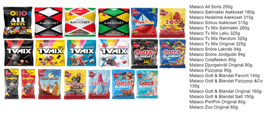 Malaco candy bag set - 19 bags - 3.48kg - Soposopo