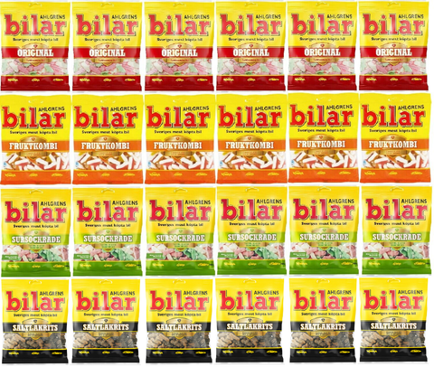 Ahlgrens Bilar - 4 Flavor Set - Soft Chewy Swedish Candy Cars 24 pack -2.7kg